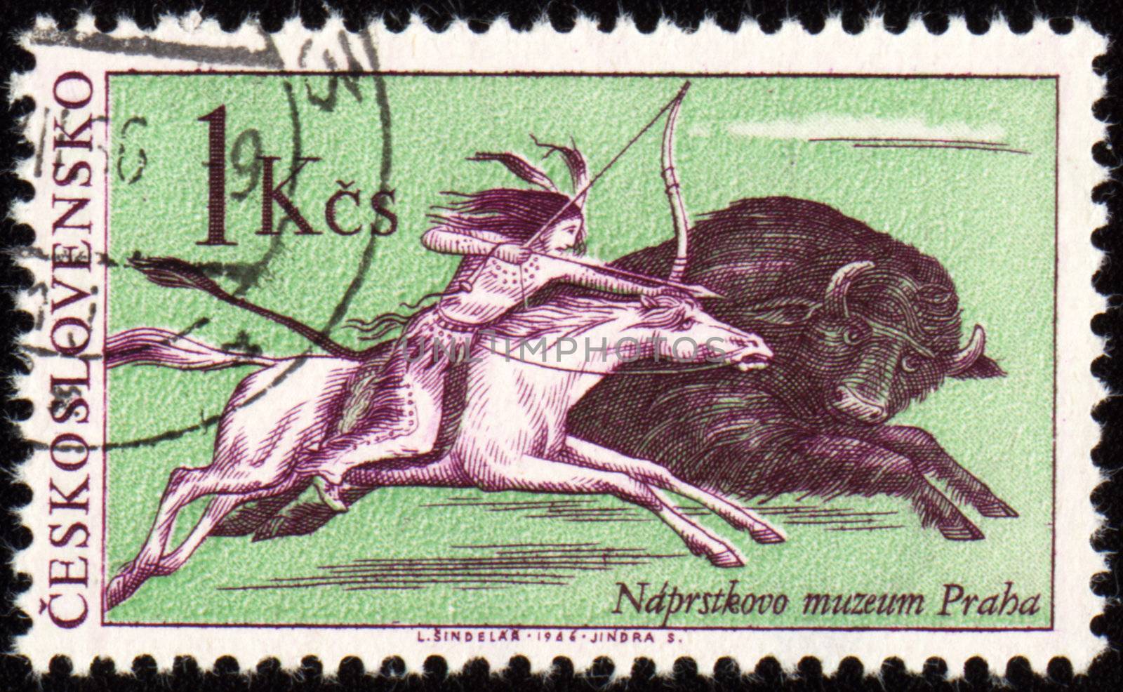 CZECHOSLOVAKIA - CIRCA 1966: stamp printed in Czechoslovakia, shows American Indian on horseback, pursue a bison galloping, 

circa 1966