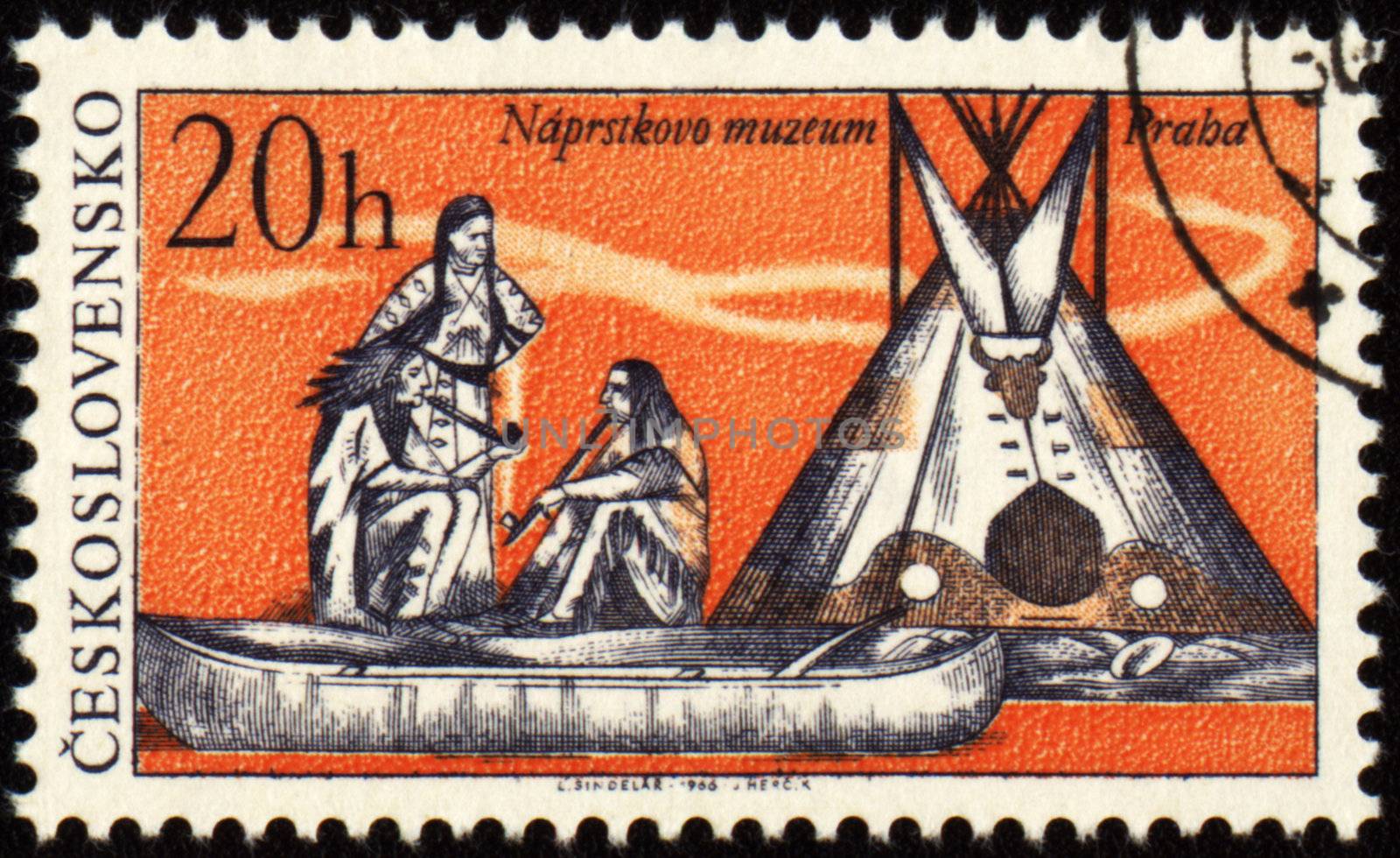 CZECHOSLOVAKIA - CIRCA 1966: stamp printed in Czechoslovakia, shows a picture from injun life - some men smoking pipes and have a talk, circa 1966