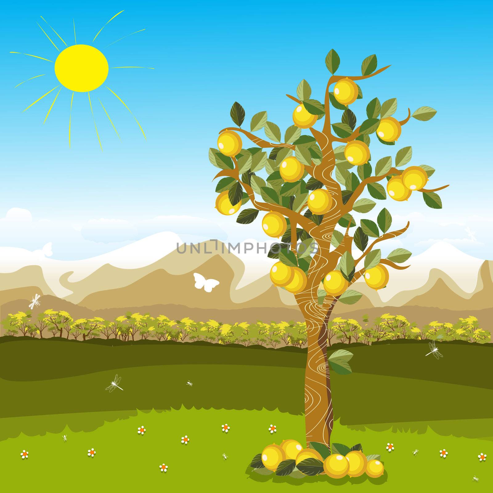 Cartoon illustration of a lemon tree over a beautiful autumn background
