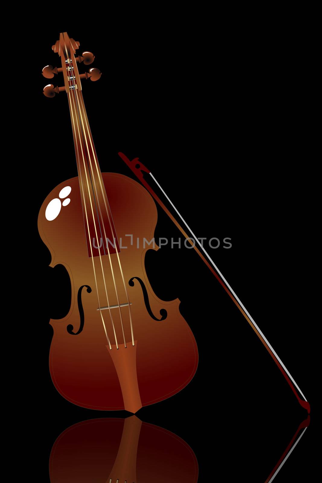 Realistic violin and bow over black background