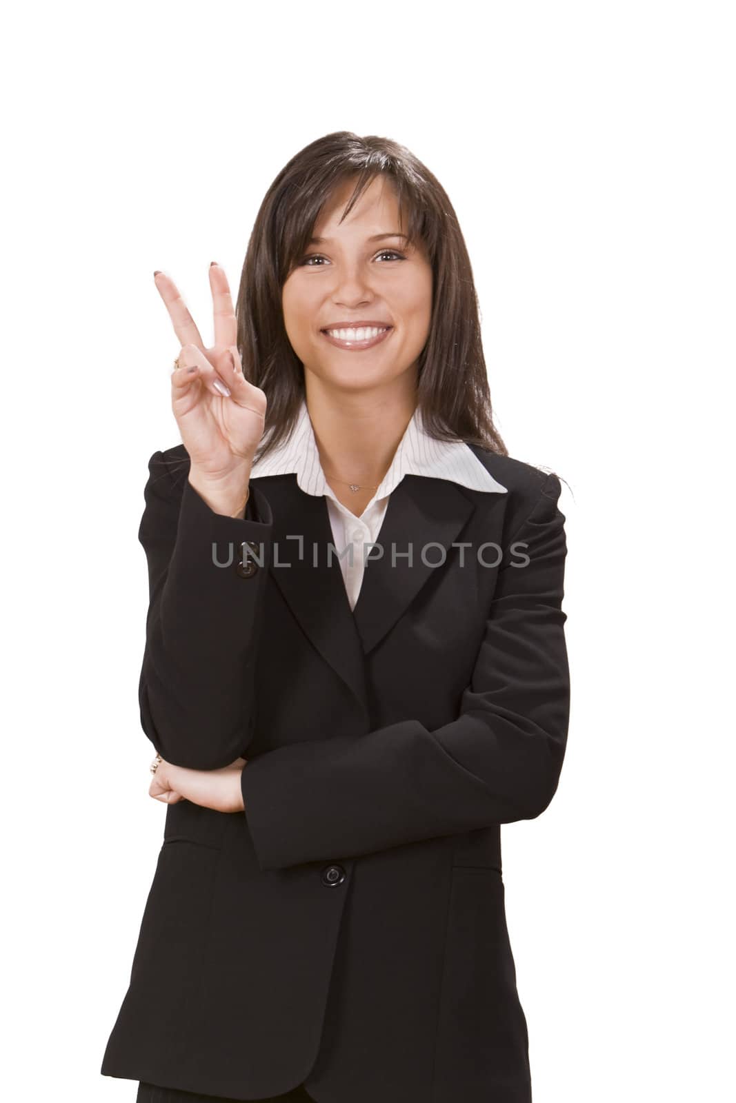 Happy businesswoman isolated against a white background.