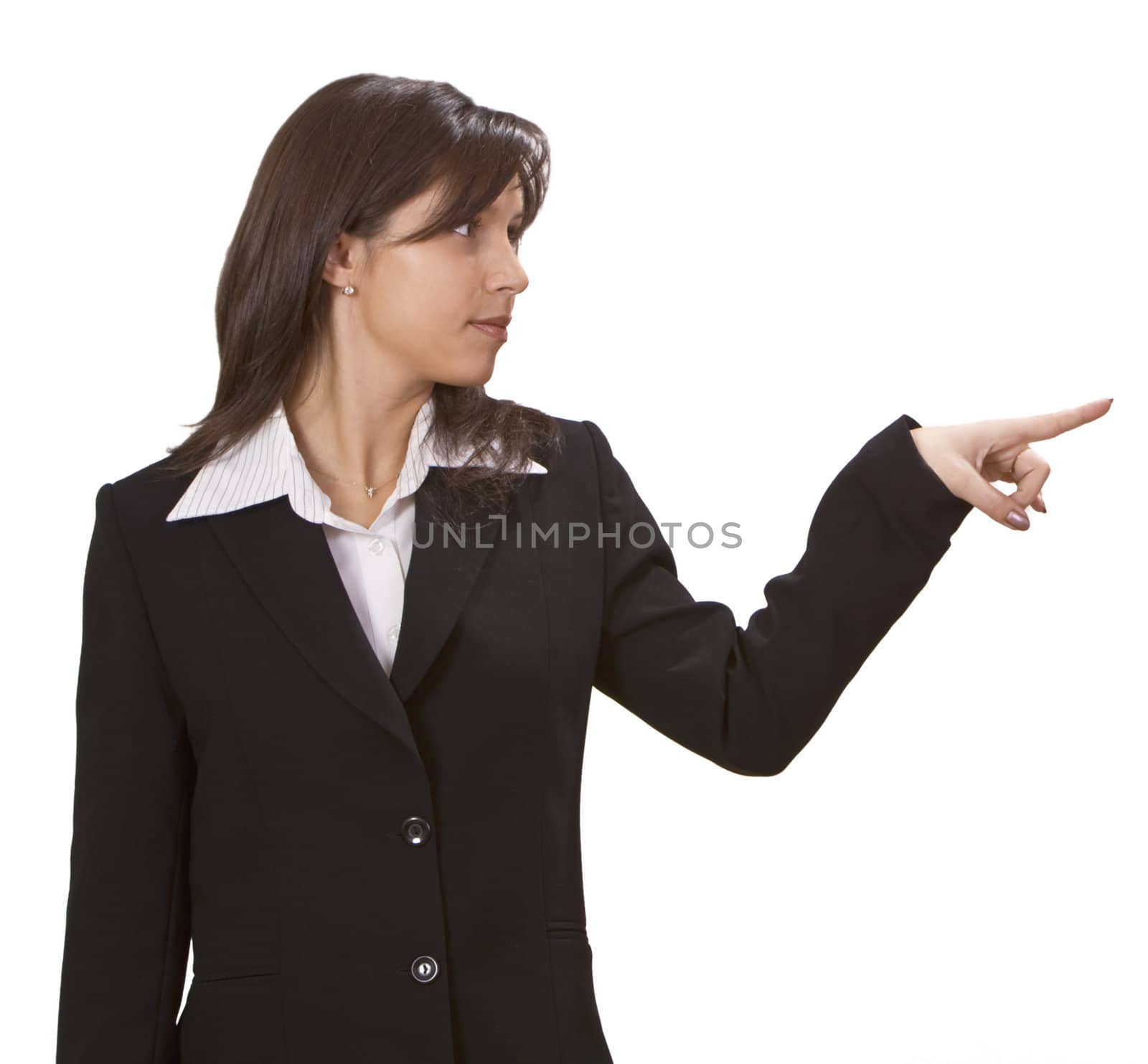 Image of a businesswoman pointing to something- isolated against a white background.