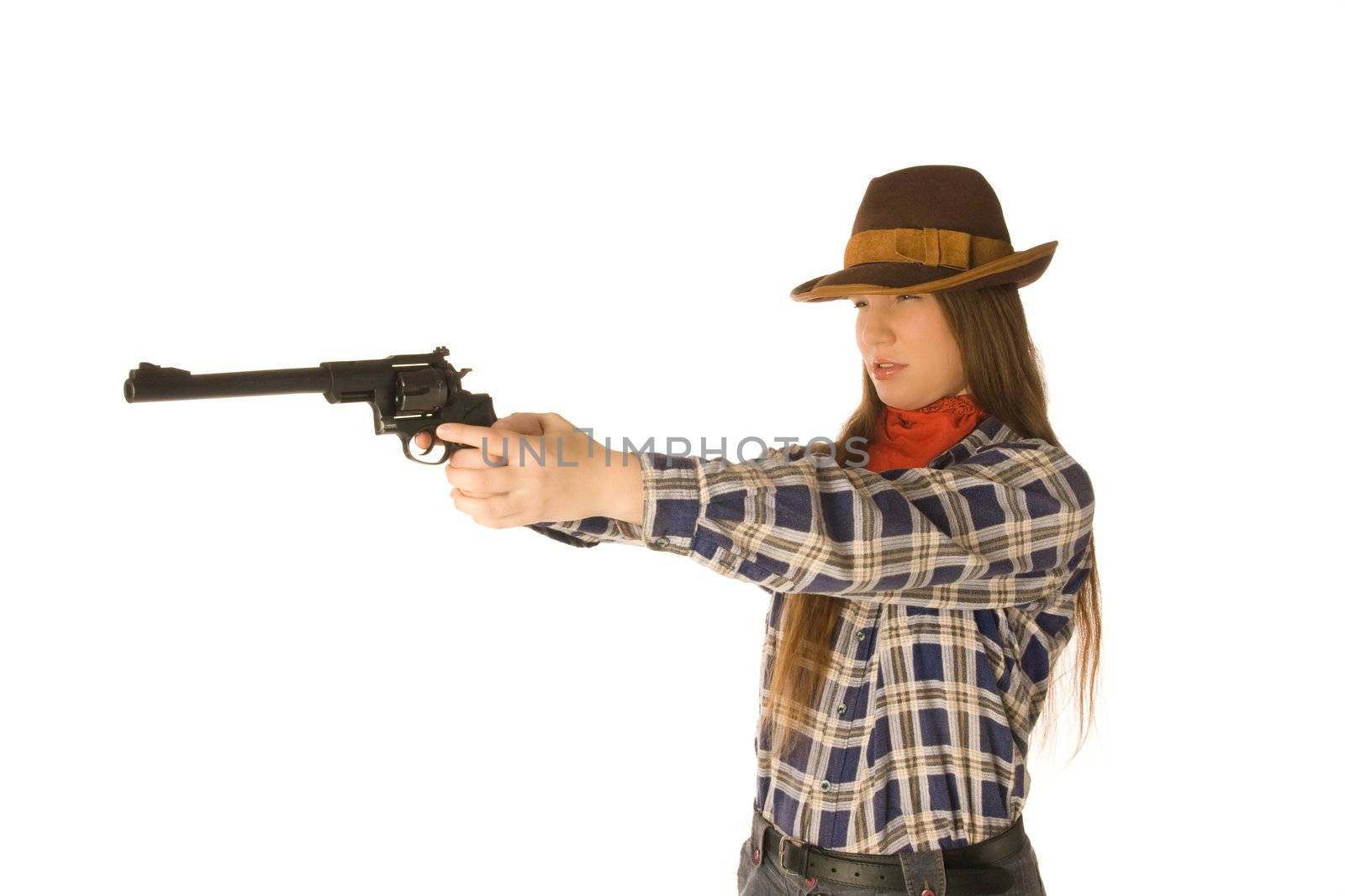 An isolated photo of a cowgirl with a gun