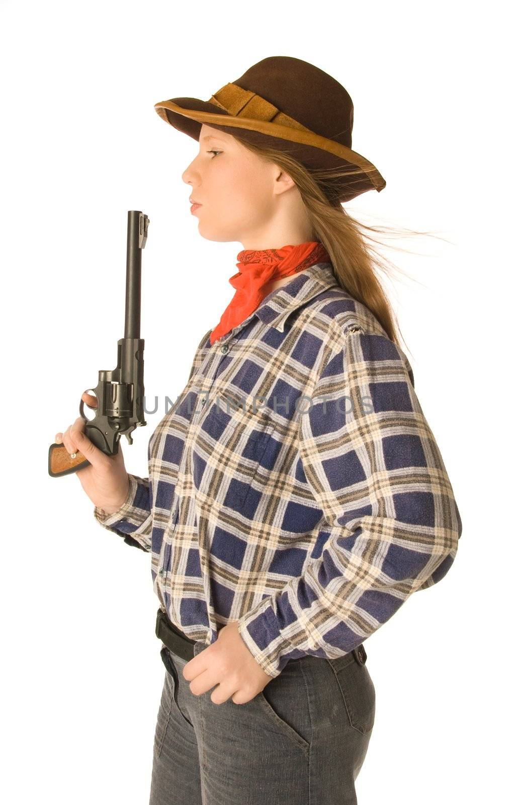 An isolated photo of a cowgirl with a gun