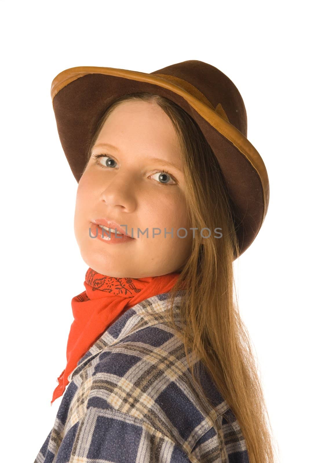The portrait of a young woman wearing cowboy clothes