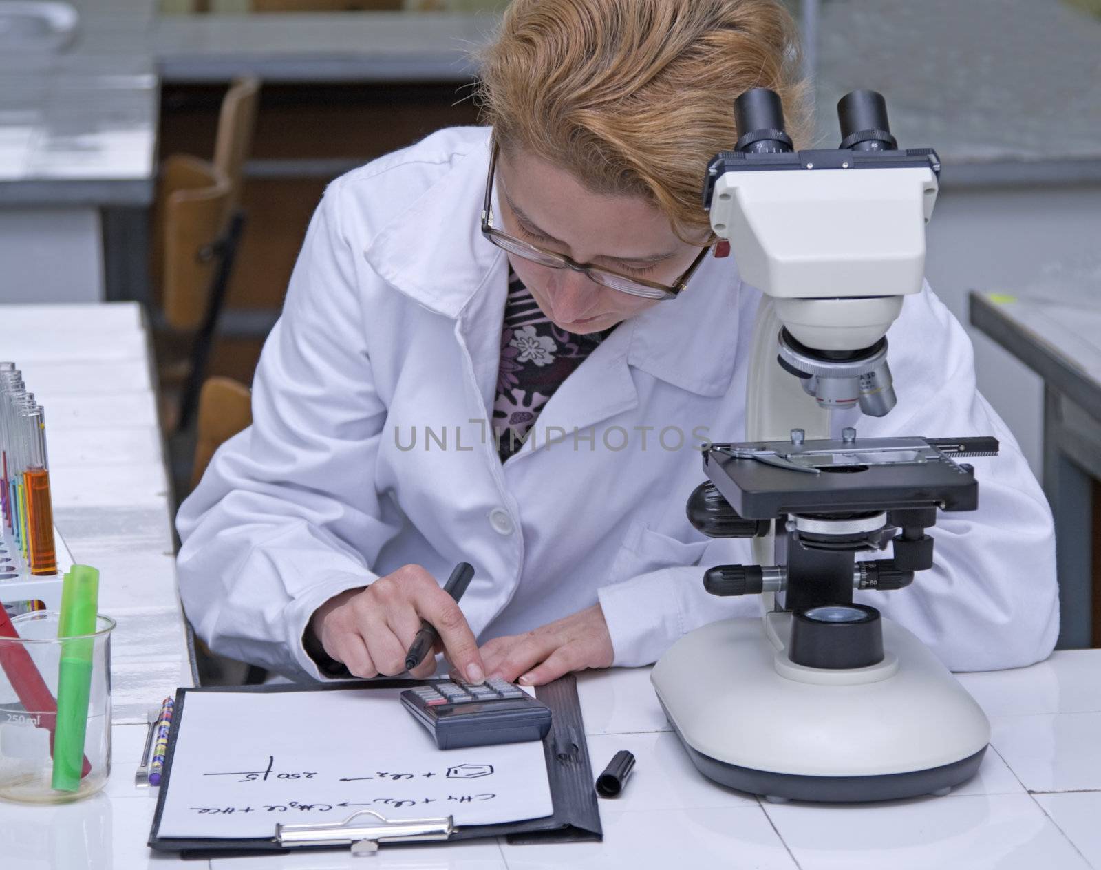 Researcher computing concentrations of substances at her workplace in a laboratory.All the inscriptions are mine.