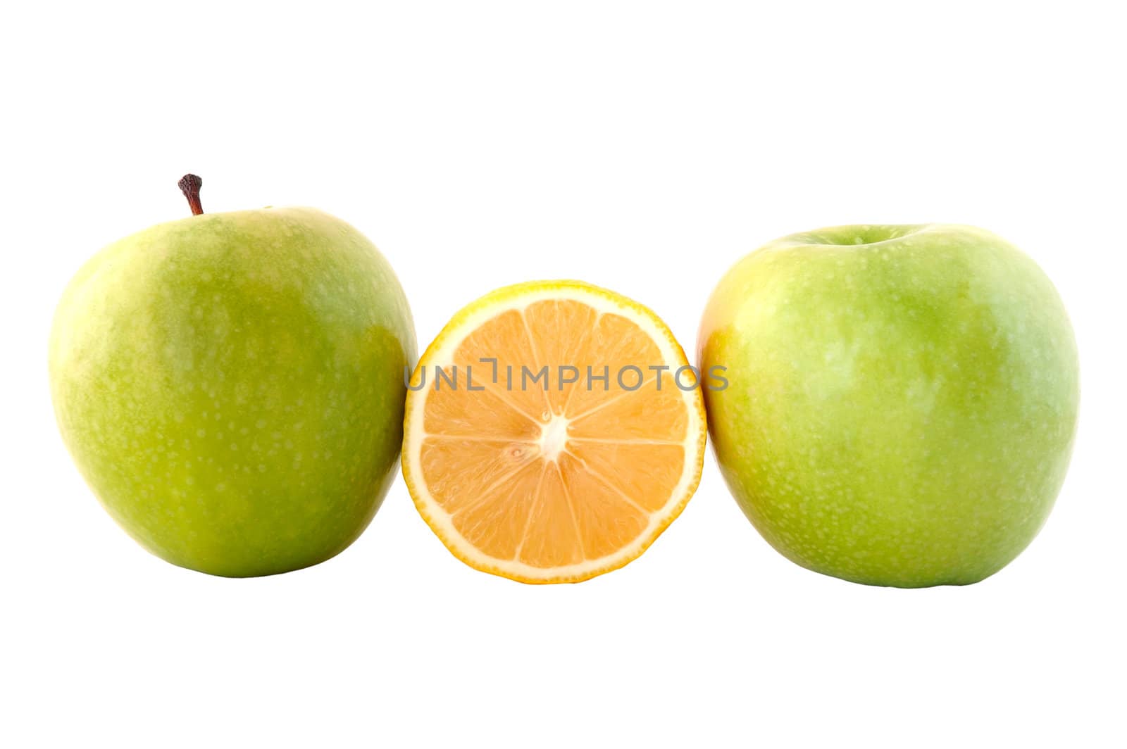 Green apple and acid-yellow lemon on isolated background.