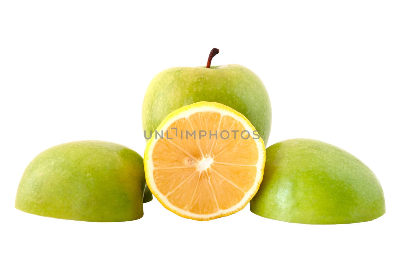 Green apple and acid-yellow lemon on isolated background.