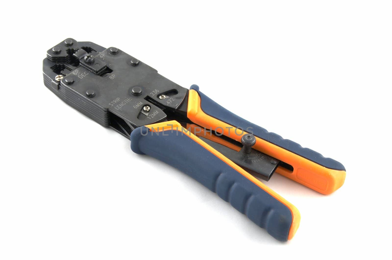 Crimp tool, used for attaching RJ-45 or RJ-11 connectors to computer network cables.