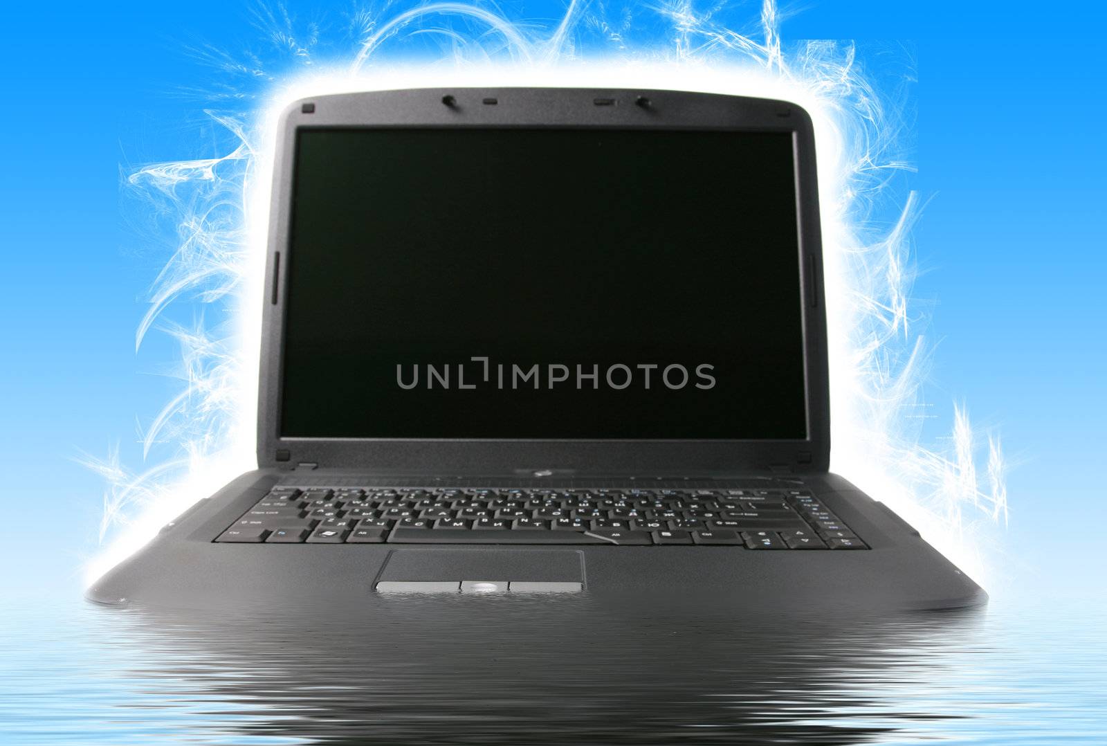 Black laptop in water on a dark blue background