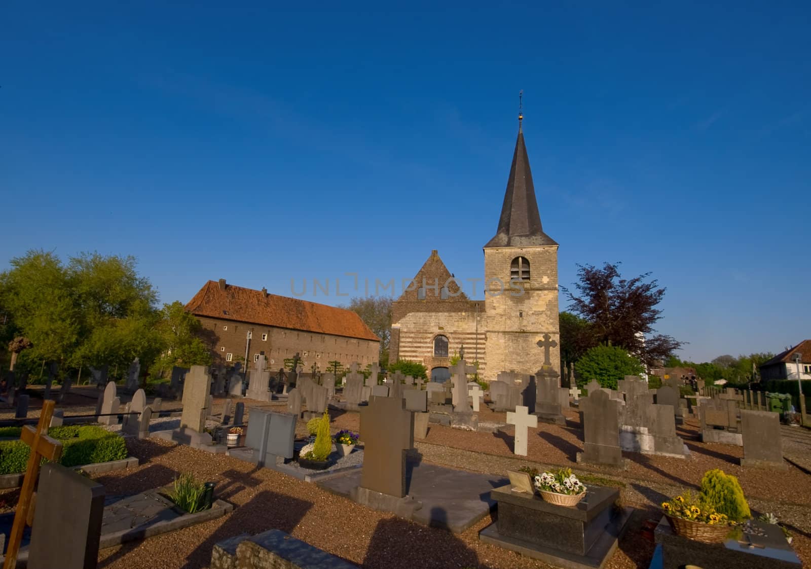 graveyard on a sunny day and blue sky with a little medieval church in the back
