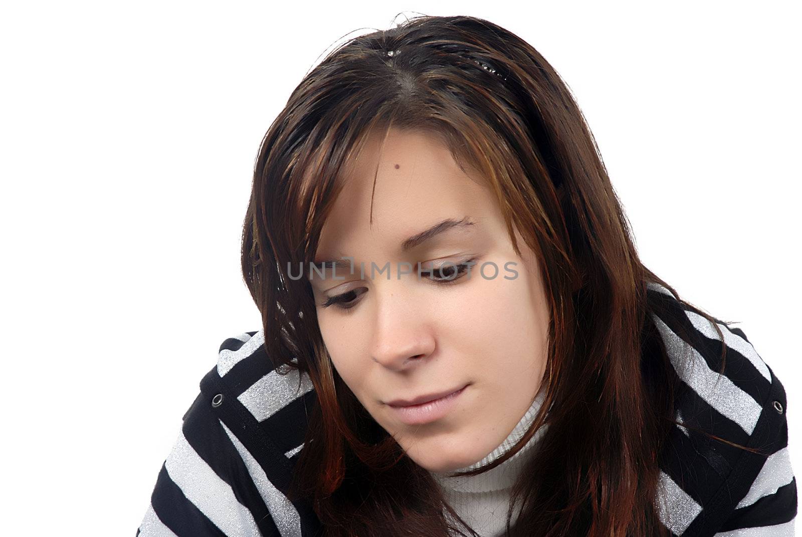 young woman portrait in a white background