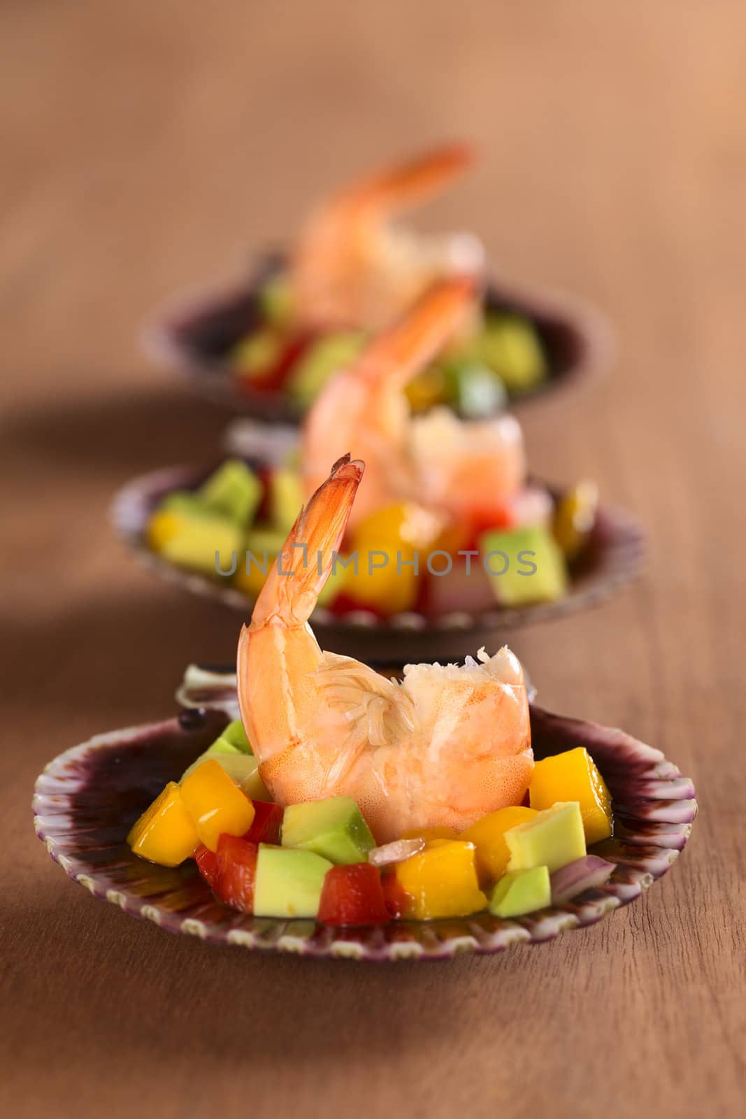 Fresh cooked king prawn with a mix of avocado, mango, red bell pepper, onions on scallop shells served as appetizer (Selective Focus, Focus on the prawn in the front)