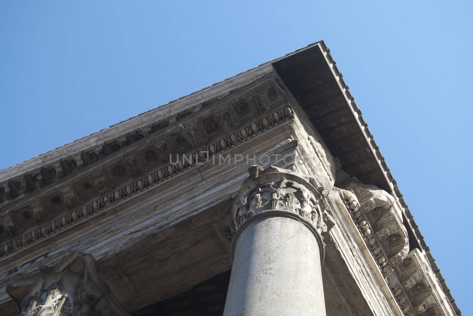 Rome . Detail of the top of the Pantheon , a very important monument of the city