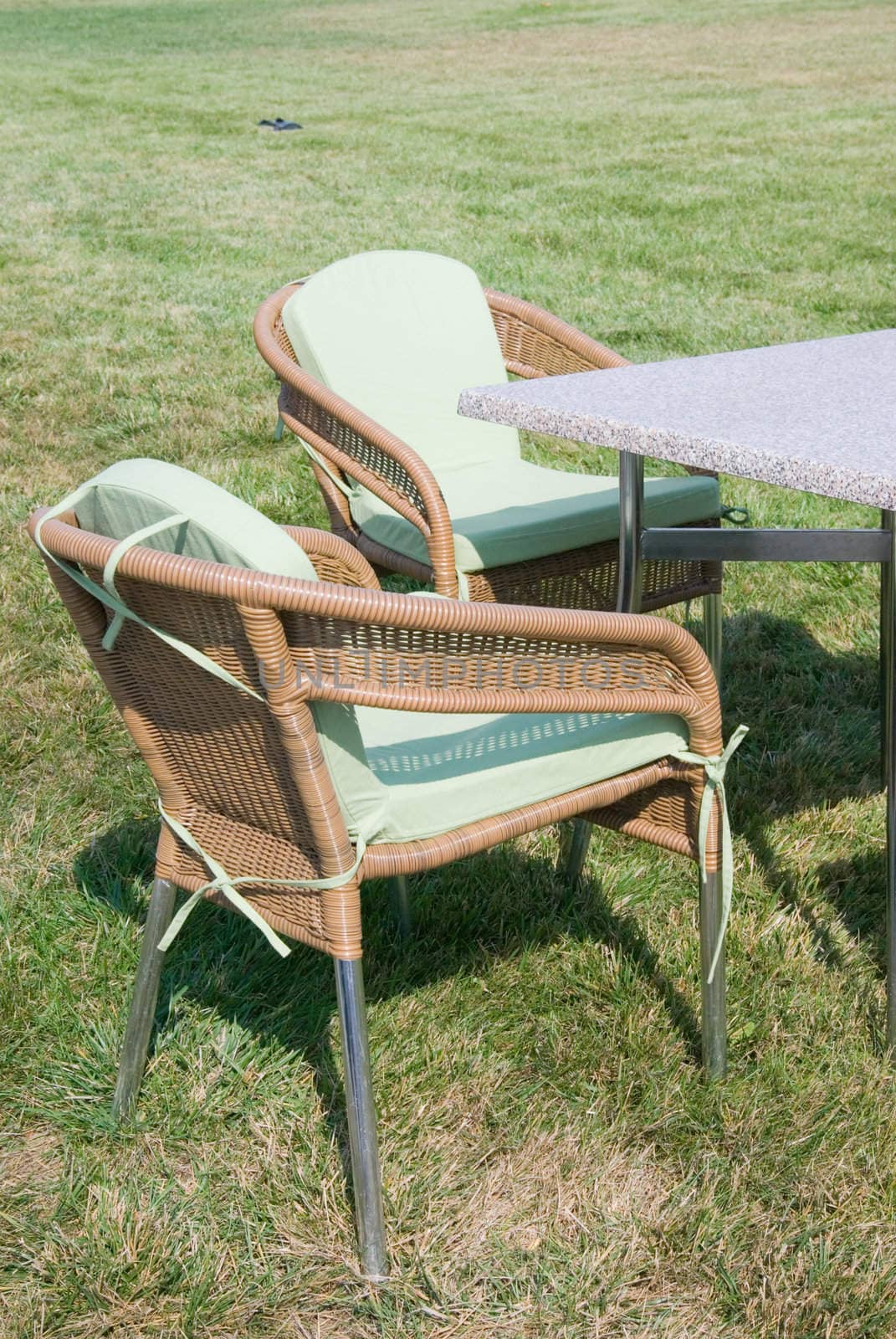 Patio furniture on green lawn