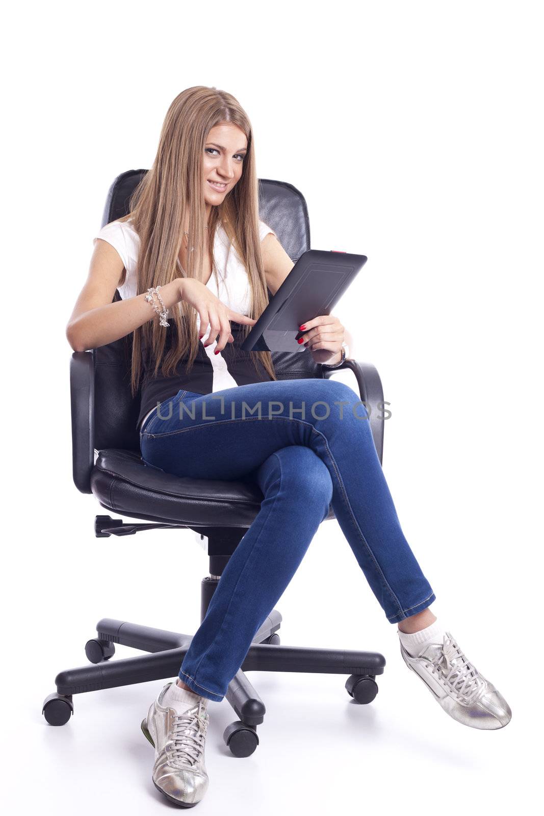 Woman With Tablet Computer in Office Chair by adamr