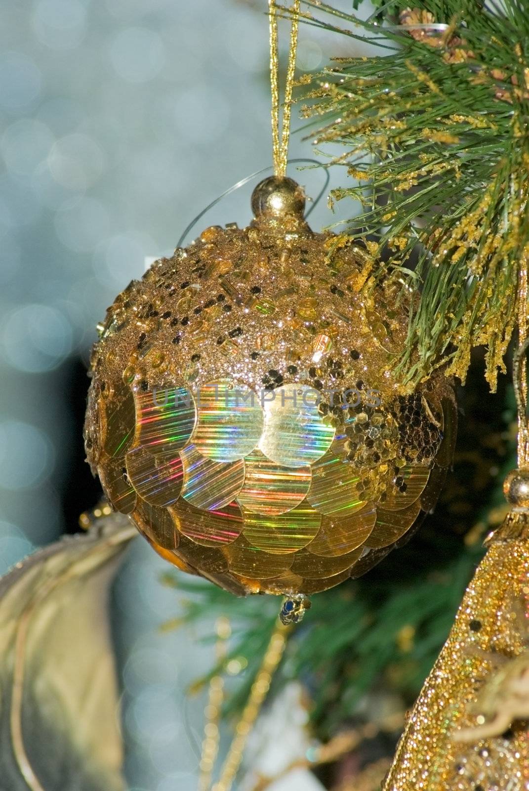 Glass Christmas decoration on a green tree 