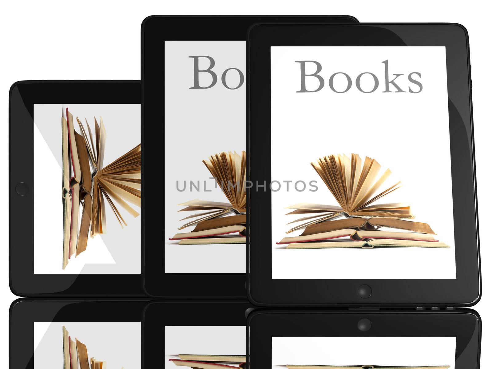 Group of Books and teblet computer 3D model isolated on white, digital library concept