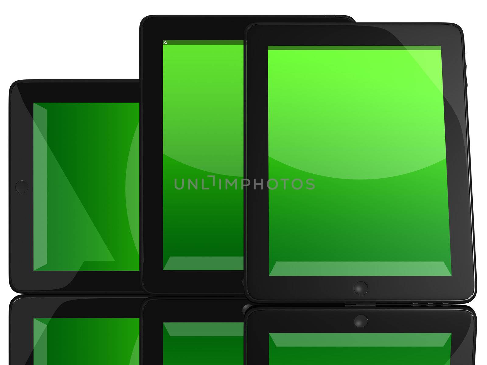 Group of Tablet Computers with green screen isolated on white