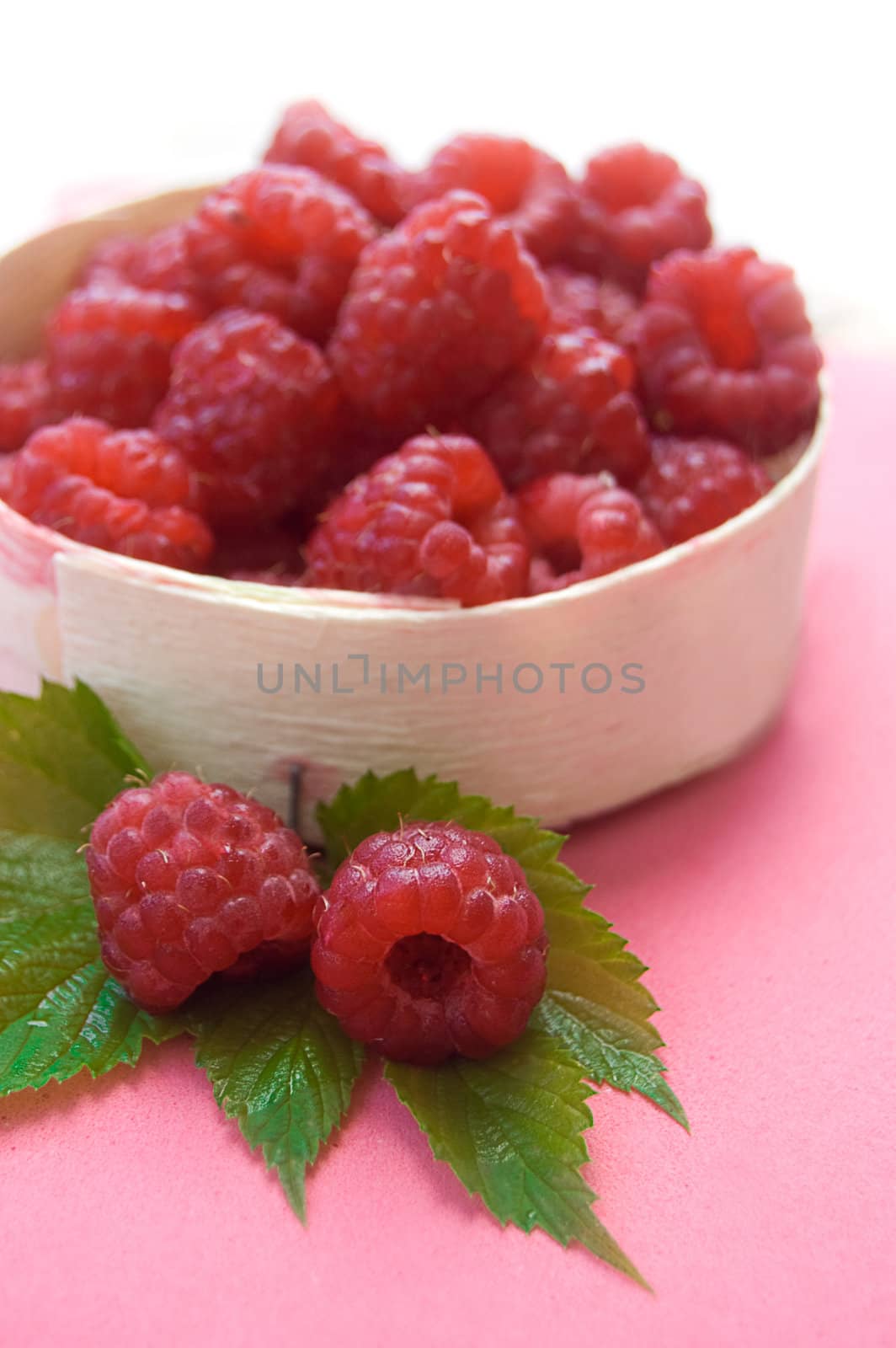 Raspberries in wooden basket by Angel_a