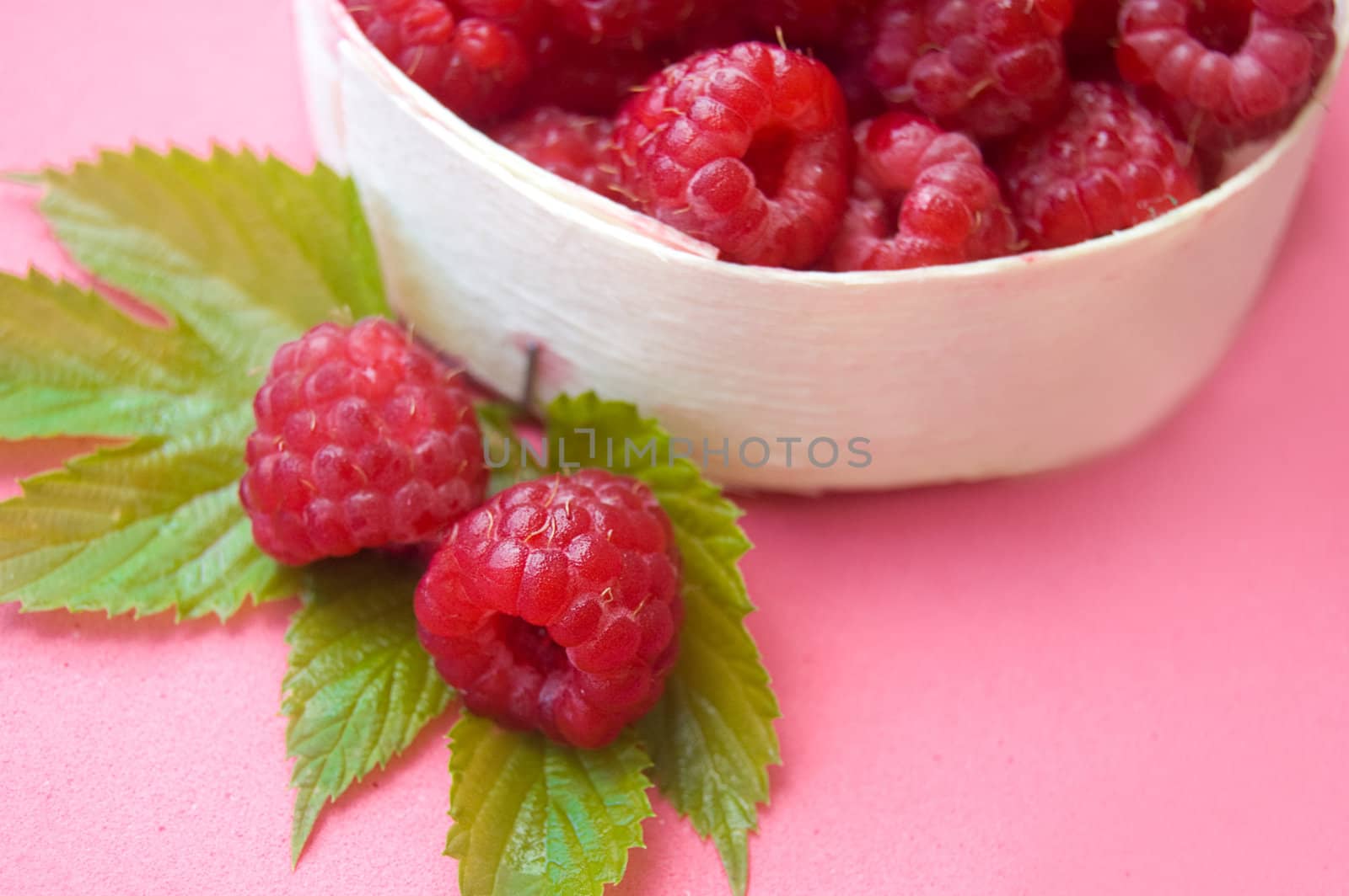Raspberries in wooden basket with leaves