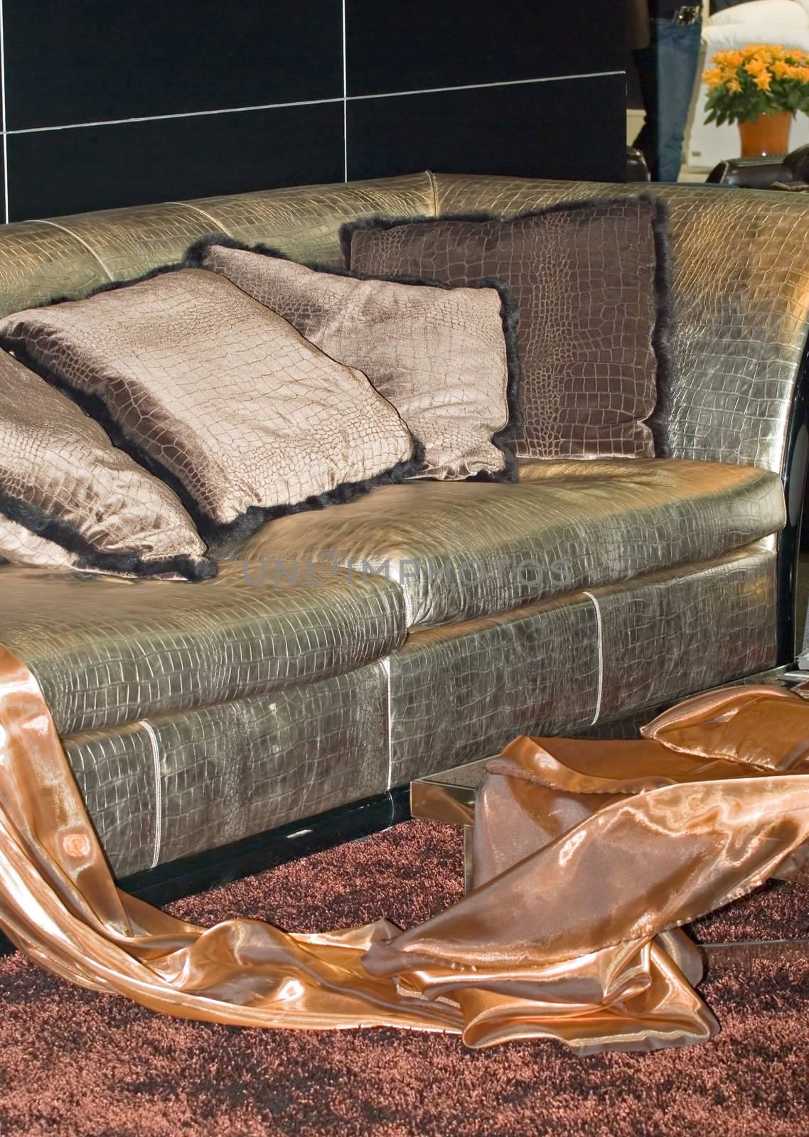 
Luxurious leather sofa with pillows