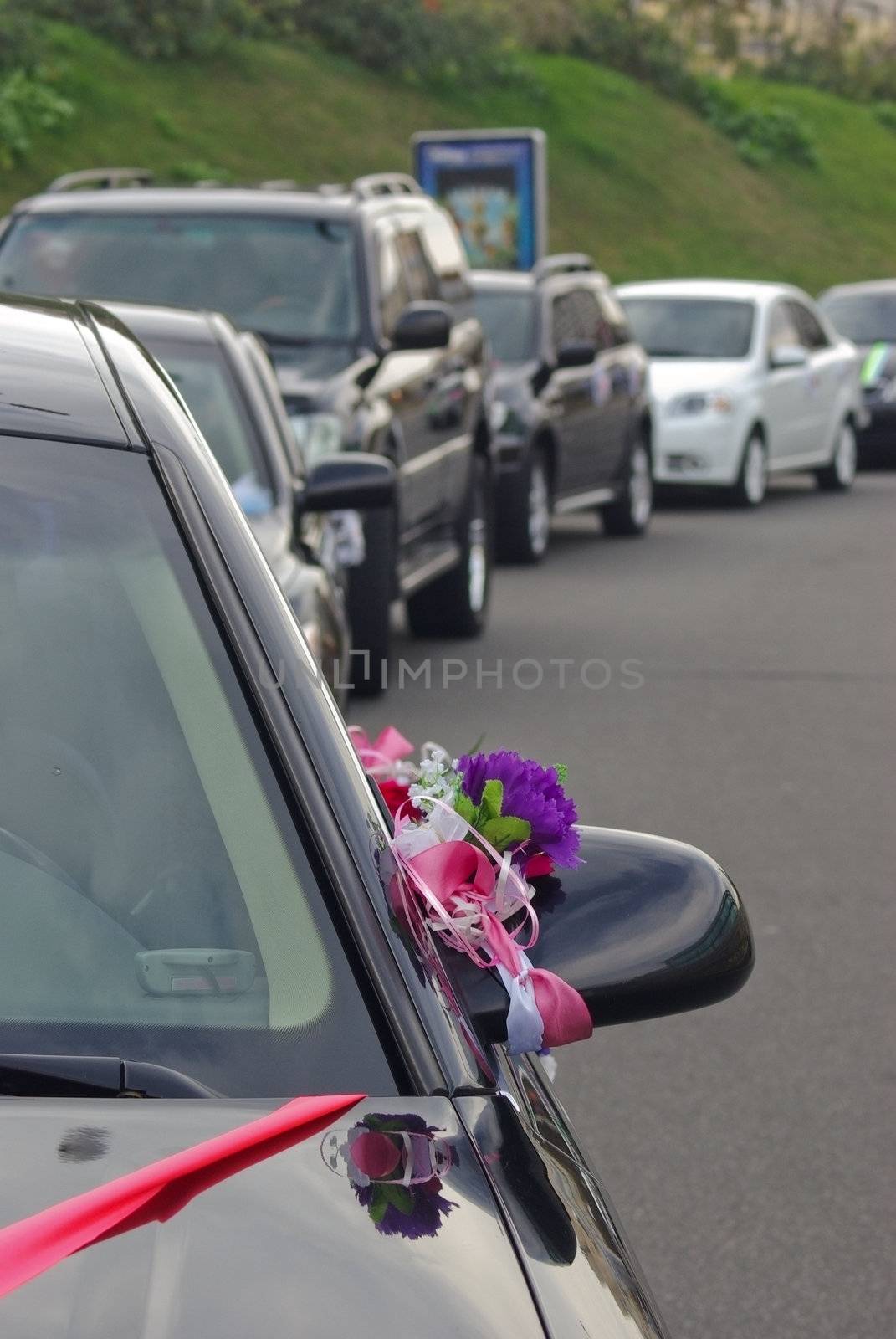 Luxury wedding car decorated with flowers