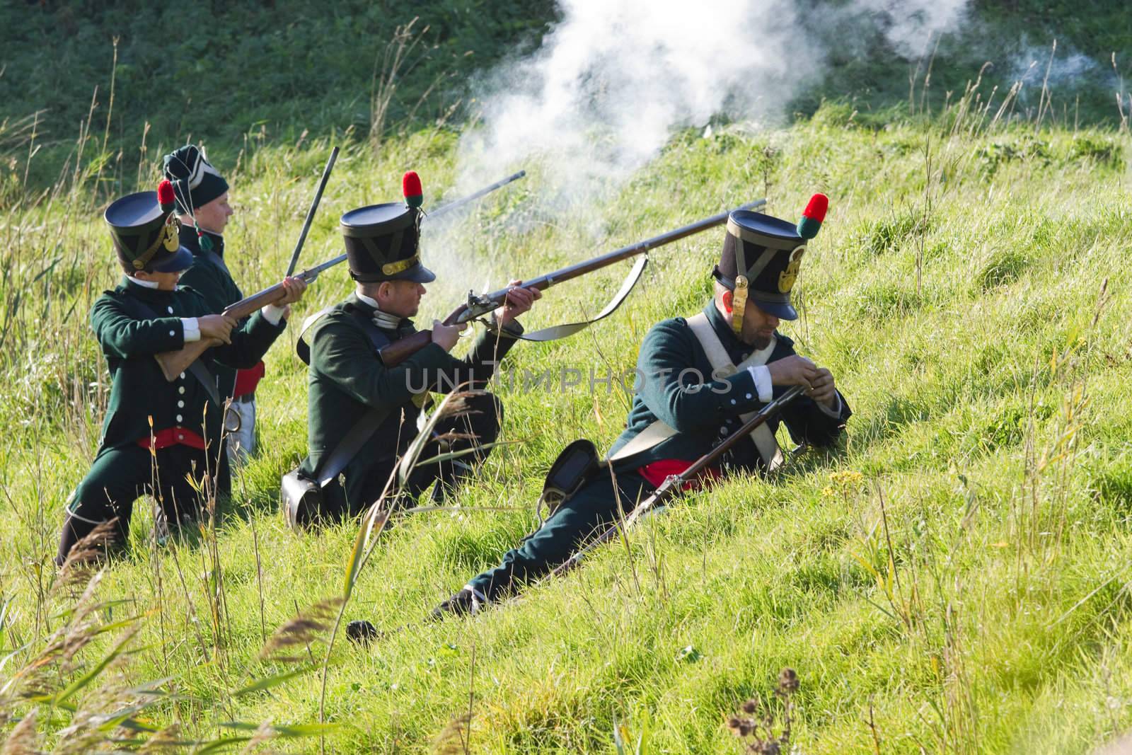 Willemstad - October 23: Replay of Napoleonic period in the Netherlands with battle between French, Dutch and English troops at Fort Sabina, October 23, 2011, Fort Sabina, Willemstad, the Netherlands