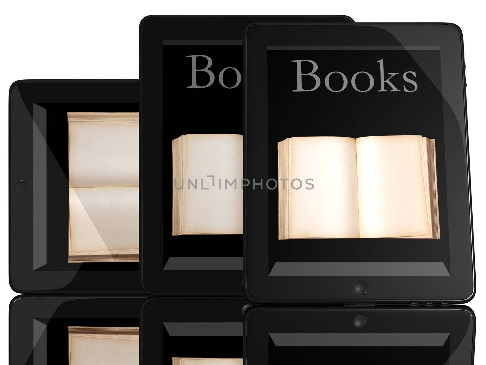 Group of Books and teblet computer 3D model isolated on white, digital library concept