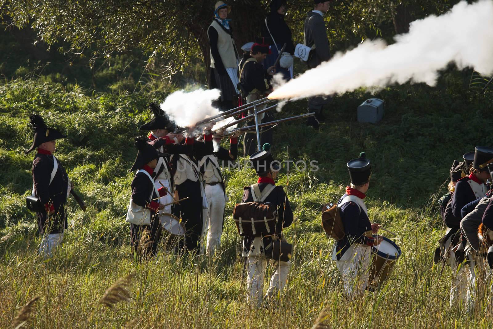 Willemstad - October 23: Replay of Napoleonic period in the Netherlands with battle between French, Dutch and English troops at Fort Sabina, October 23, 2011, Fort Sabina, Willemstad, the Netherlands