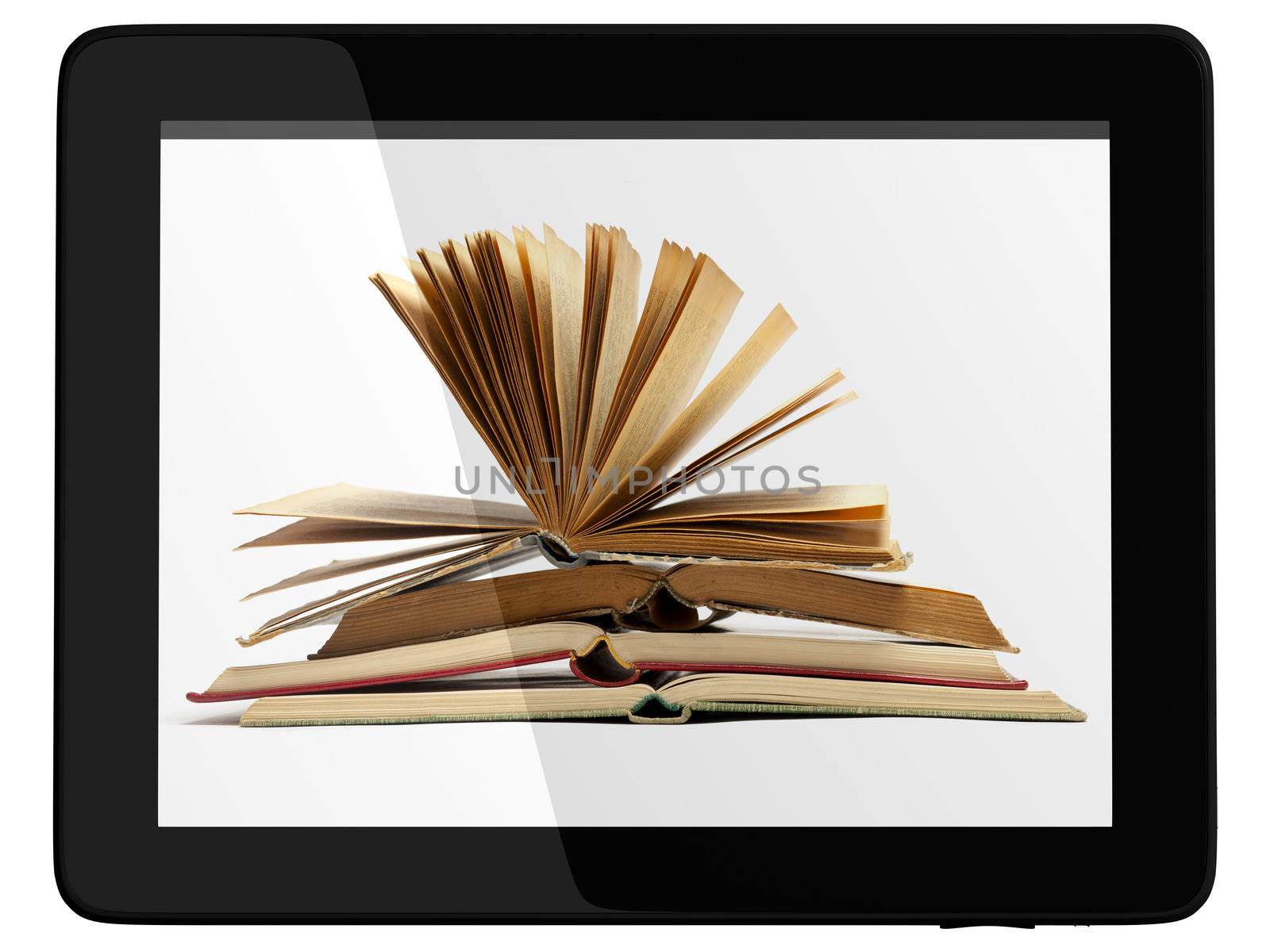 Book and generic teblet computer 3D model isolated on white, digital library concept
