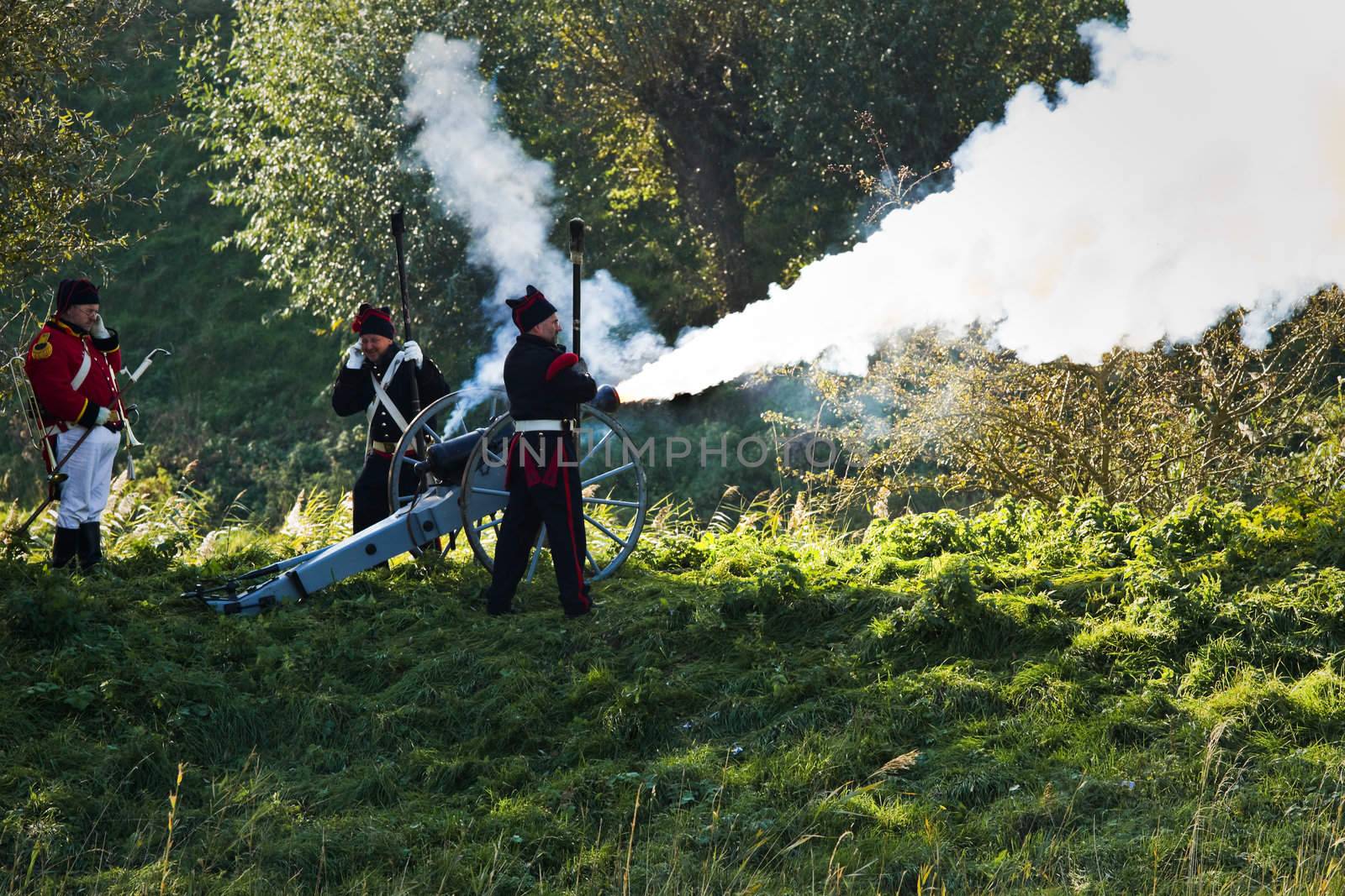 Willemstad - October 23: Replay of Napoleonic period in the Netherlands with battle between French, Dutch and English troops at Fort Sabina, October 23, 2011, Fort Sabina, Willemstad, the Netherlands