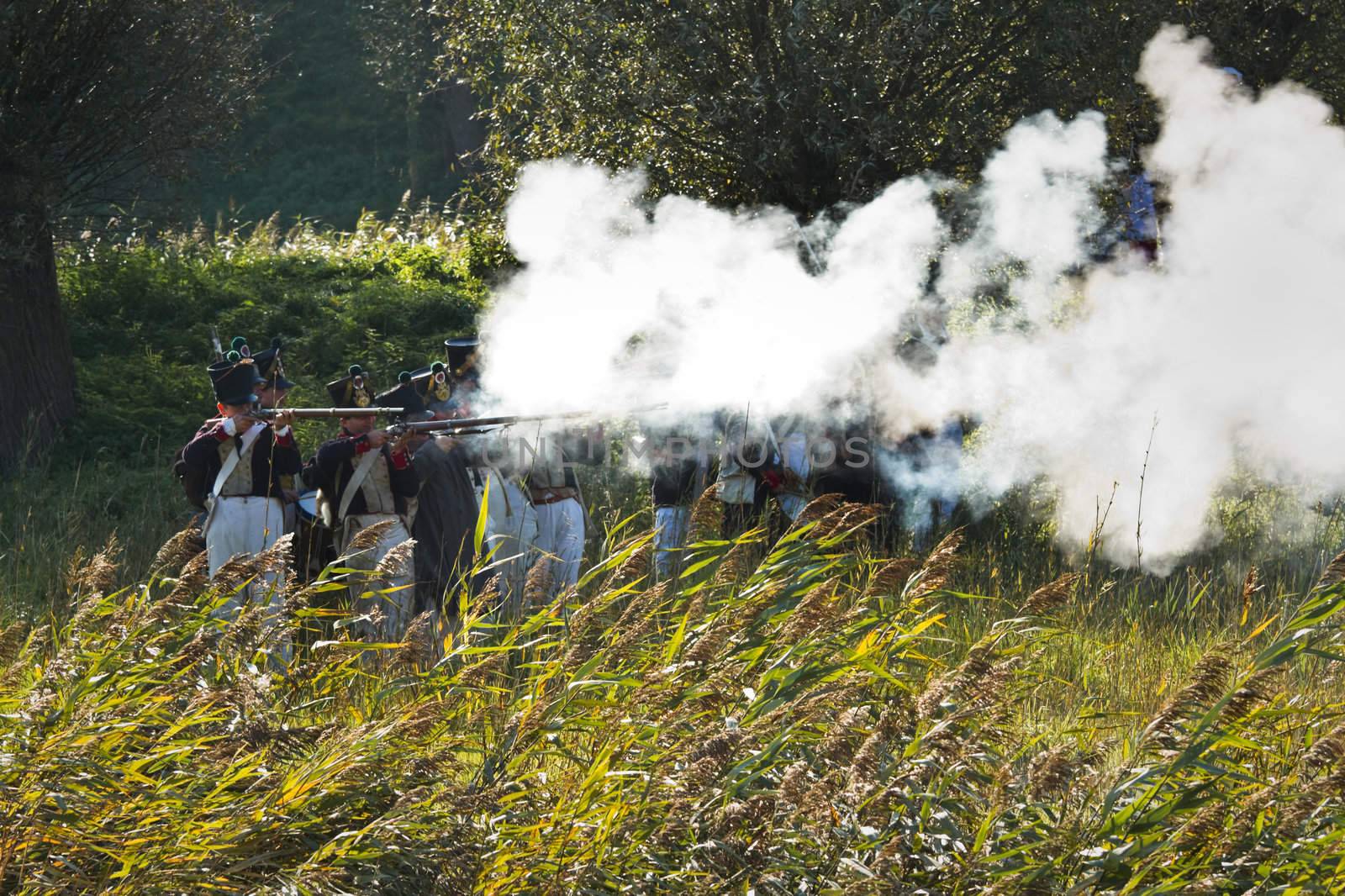 Willemstad - October 23: Replay of Napoleonic period in the Netherlands with battle between French, Dutch and English troops at Fort Sabina, October 23, 2011, Fort Sabina, Willemstad, the Netherlands