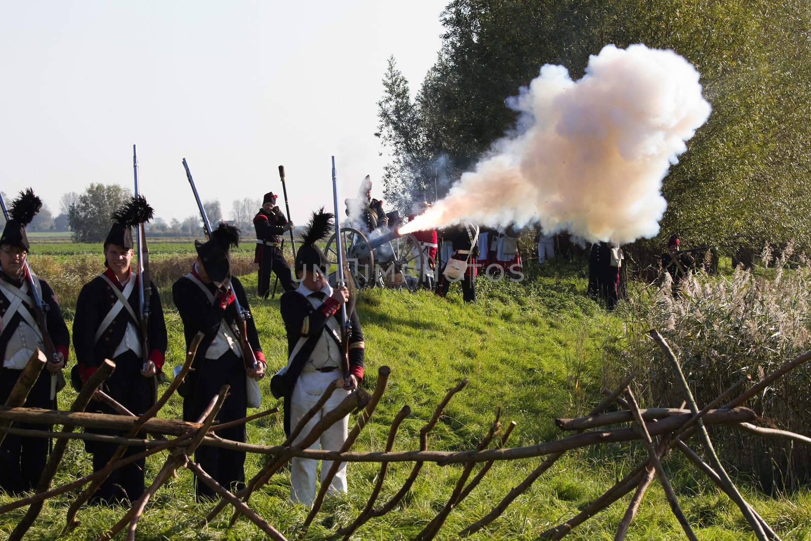 Willemstad - October 23: Replay of Napoleonic period in the Netherlands with battle between French, Dutch and English troops at Fort Sabina, October 23, 2011, Fort Sabina, Willemstad, the Netherlands