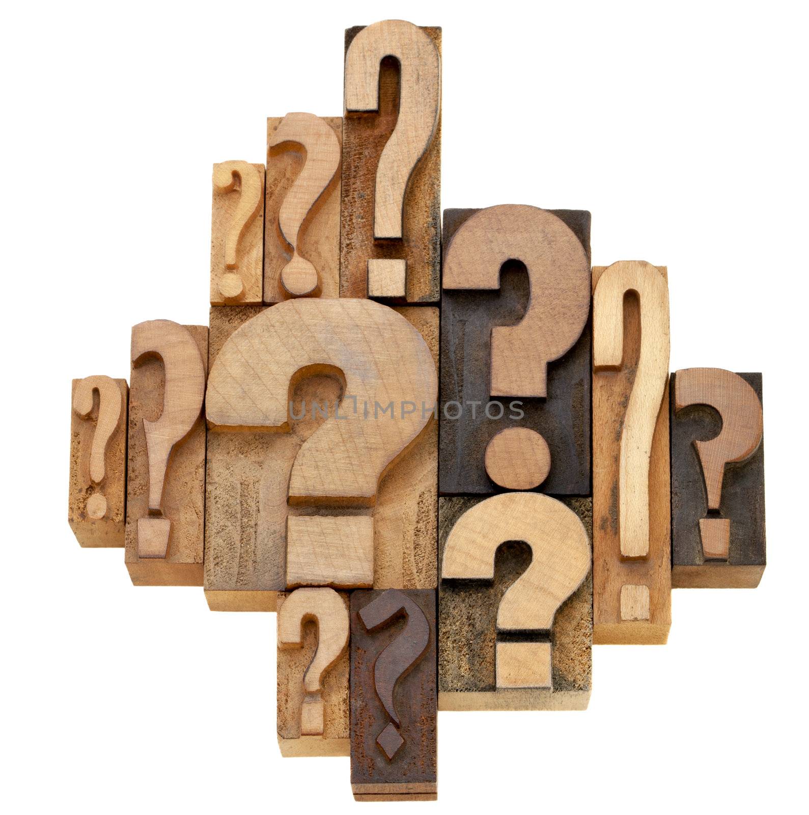 decision making or brainstorming concept - a collection of question marks - vintage wood letterpress printing blocks