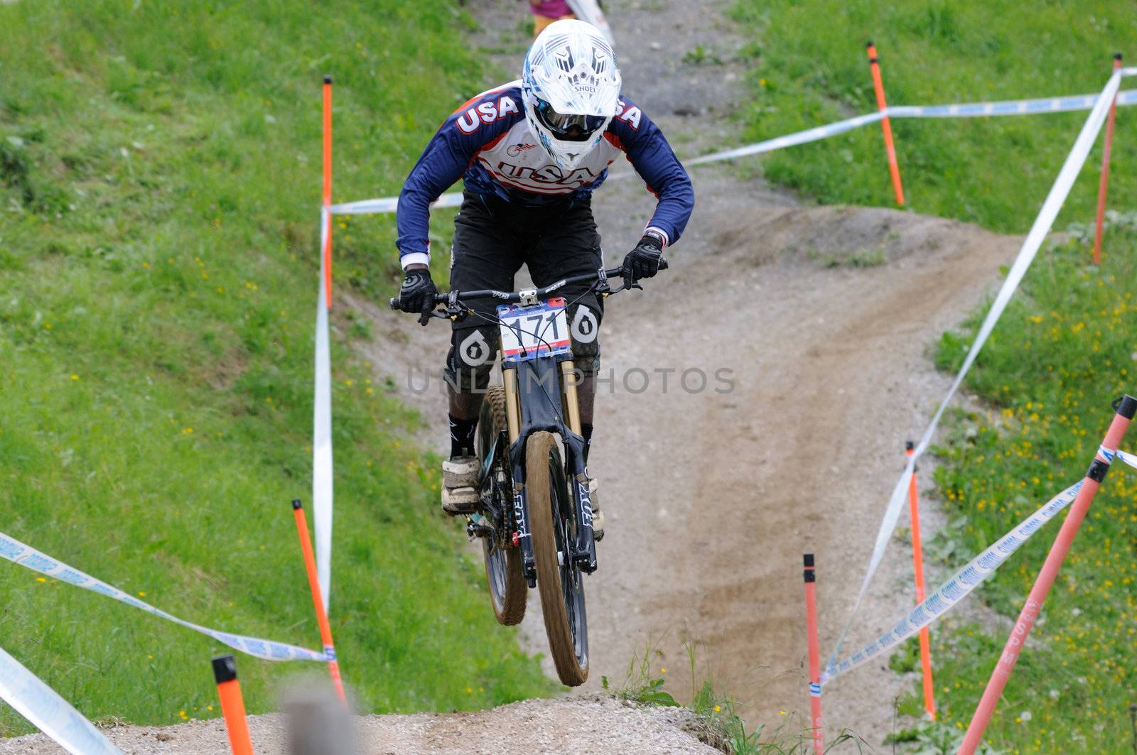 LEOGANG, AUSTRIA - JUN 12: UCI Mountain bike world cup. Participant at the downhill final race on June 12, 2011 in Leogang, Austria.