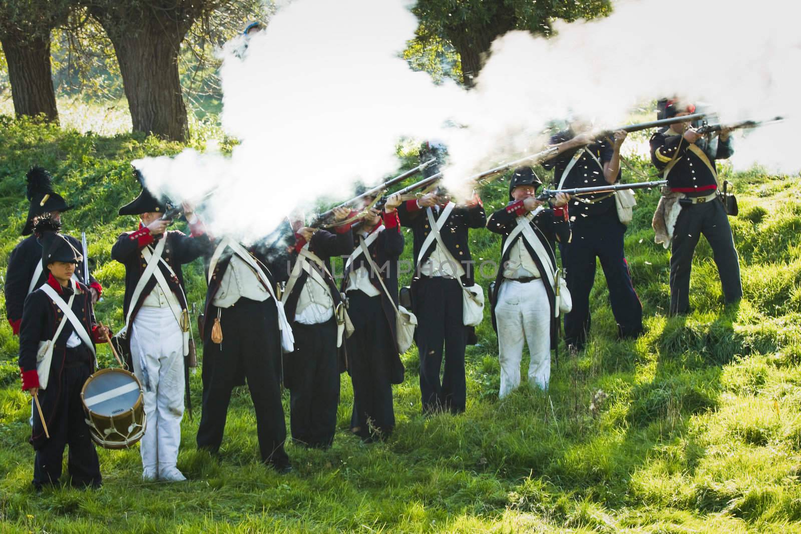 Willemstad - October 23: Replay of Napoleonic period in the Netherlands with battle between French, Dutch and English troops at Fort Sabina, October 23, 2011, Fort Sabina, Willemstad, the Netherlands