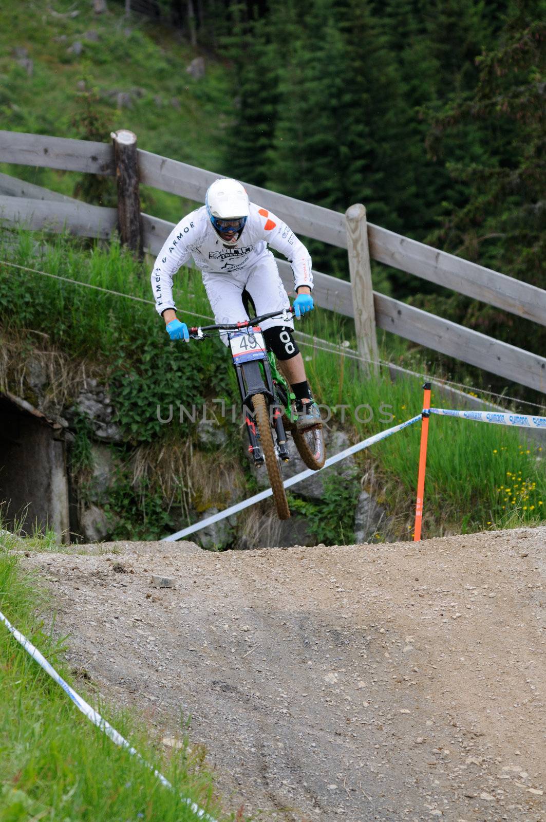 LEOGANG, AUSTRIA - JUN 12: UCI Mountain bike world cup. Sam Dale (GBR) at the downhill final race on June 12, 2011 in Leogang, Austria.