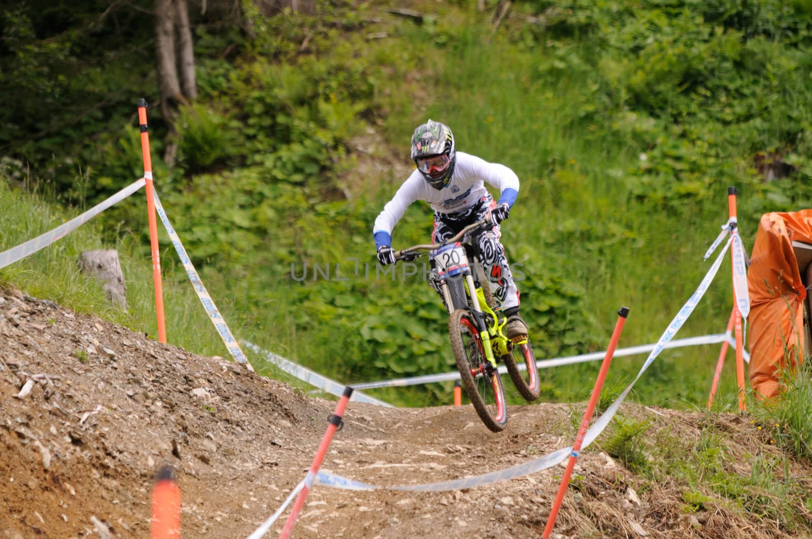 LEOGANG, AUSTRIA - JUN 12: UCI Mountain bike world cup. Troy Brosnan (AUS) at the downhill final race on June 12, 2011 in Leogang, Austria.