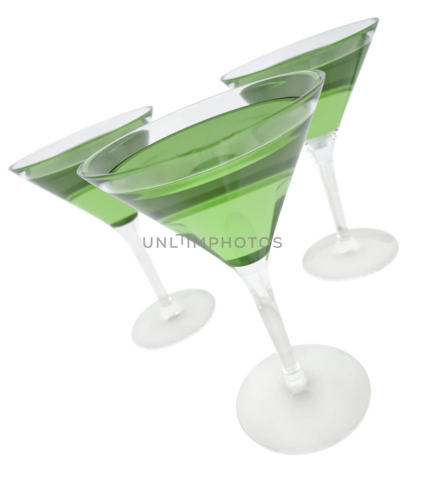 Three green drinks in martini glasses. 3D render.