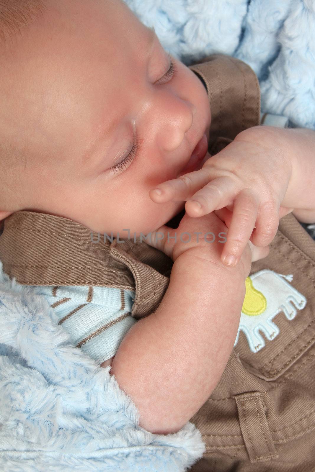 Beautiful newborn baby boy sleeping on a soft blanket