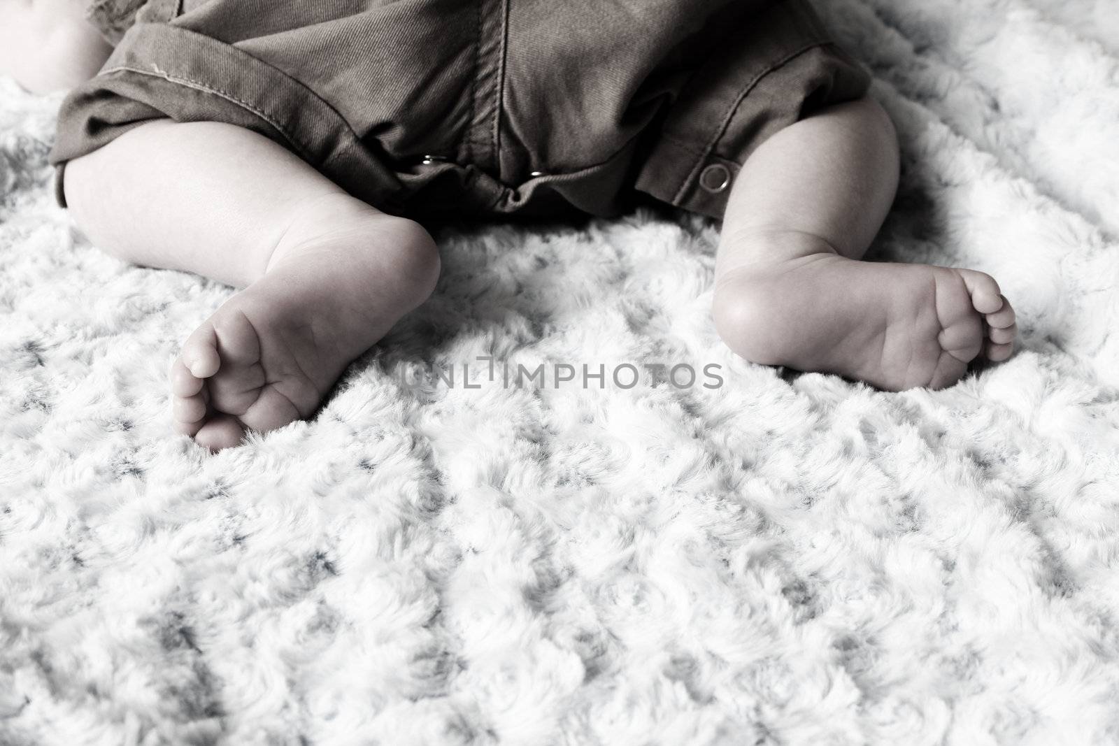 Newborn baby feet on a soft blanket
