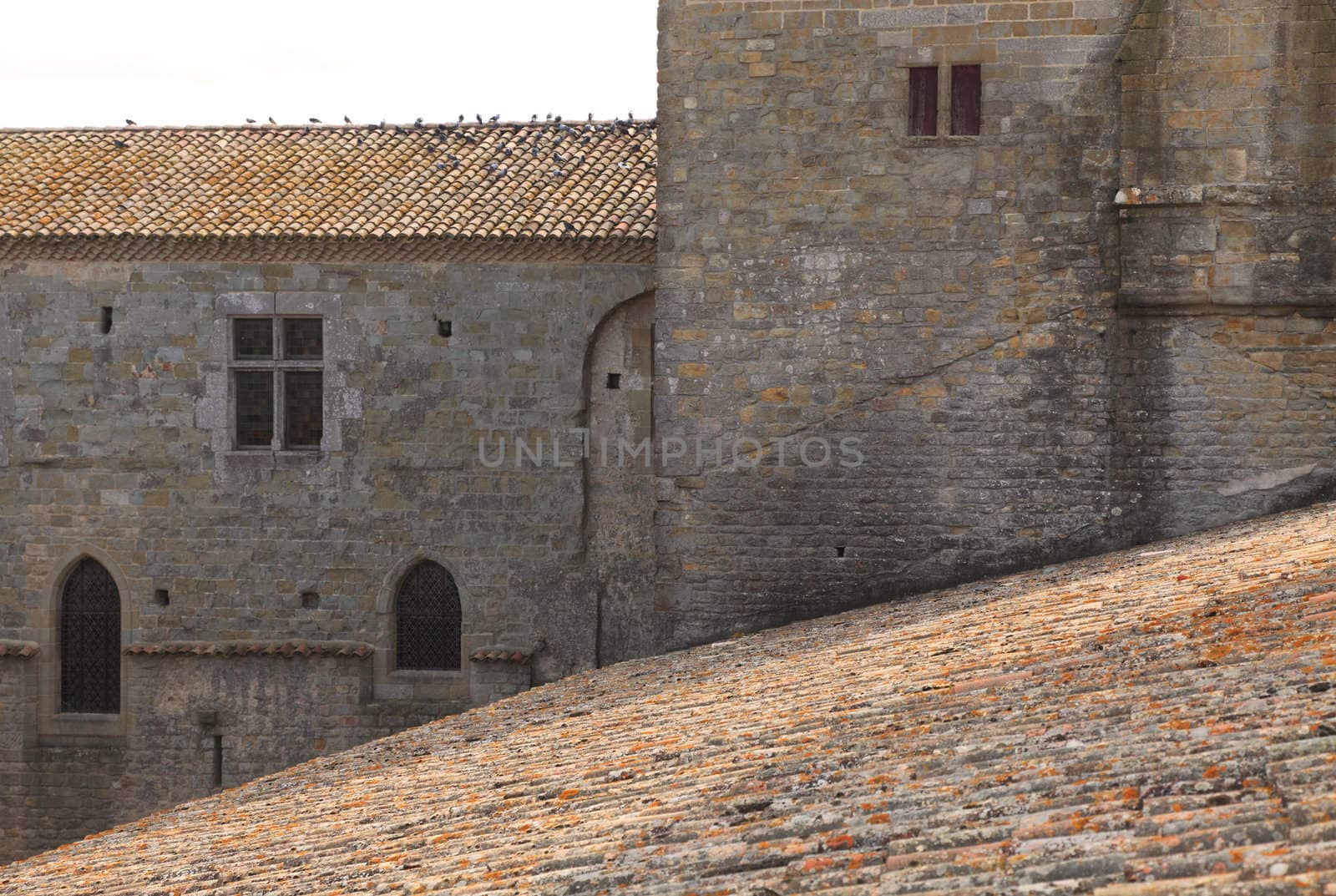 Image of roofs and wall in Carcassonne fortress.Carcassonne is a very famous fortified medieval town located in the Languedoc-Roussillon (Aude department) region in the South of France.