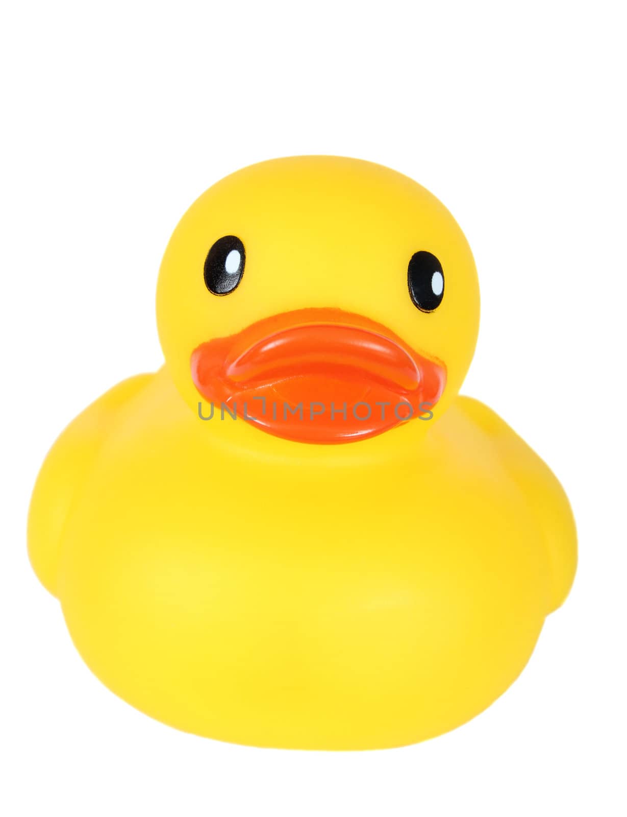 Yellow toy duck with orange beak on white
