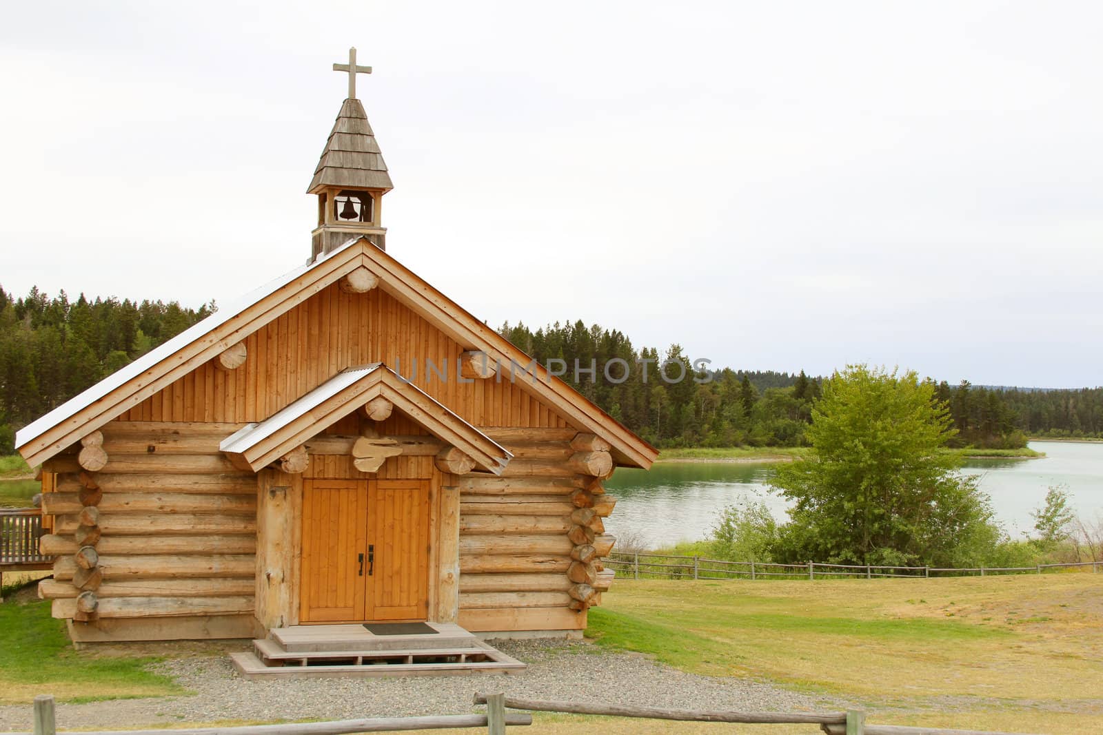 Log chapel on waterfront in British Columbia Canada