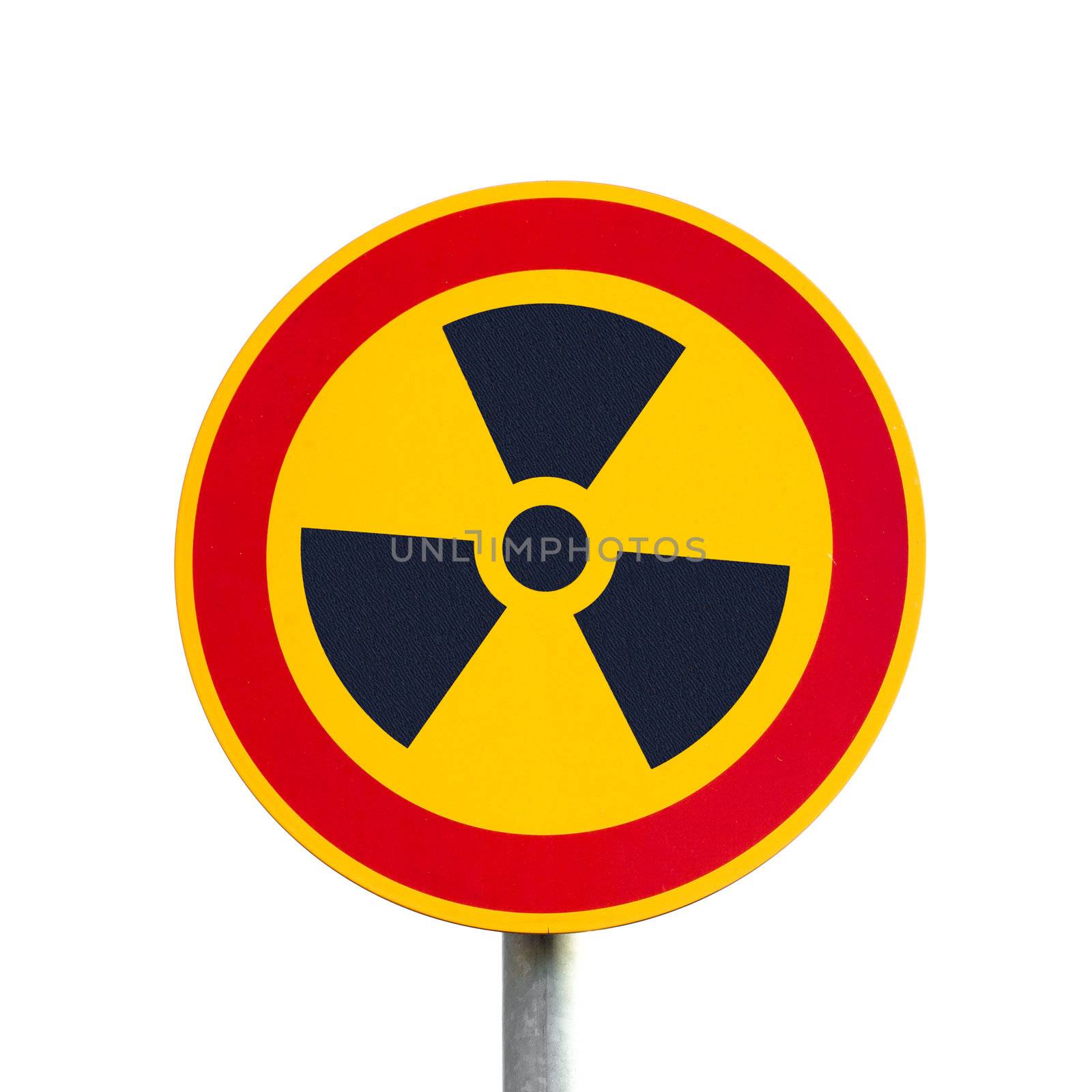 Symbolic radioactivity sign on metal post isolated on white background.