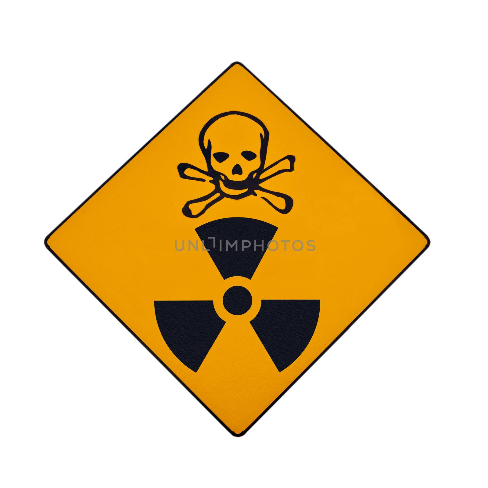 Deadly nuclear radiation warning sign with skull and crossbones isolated on white.