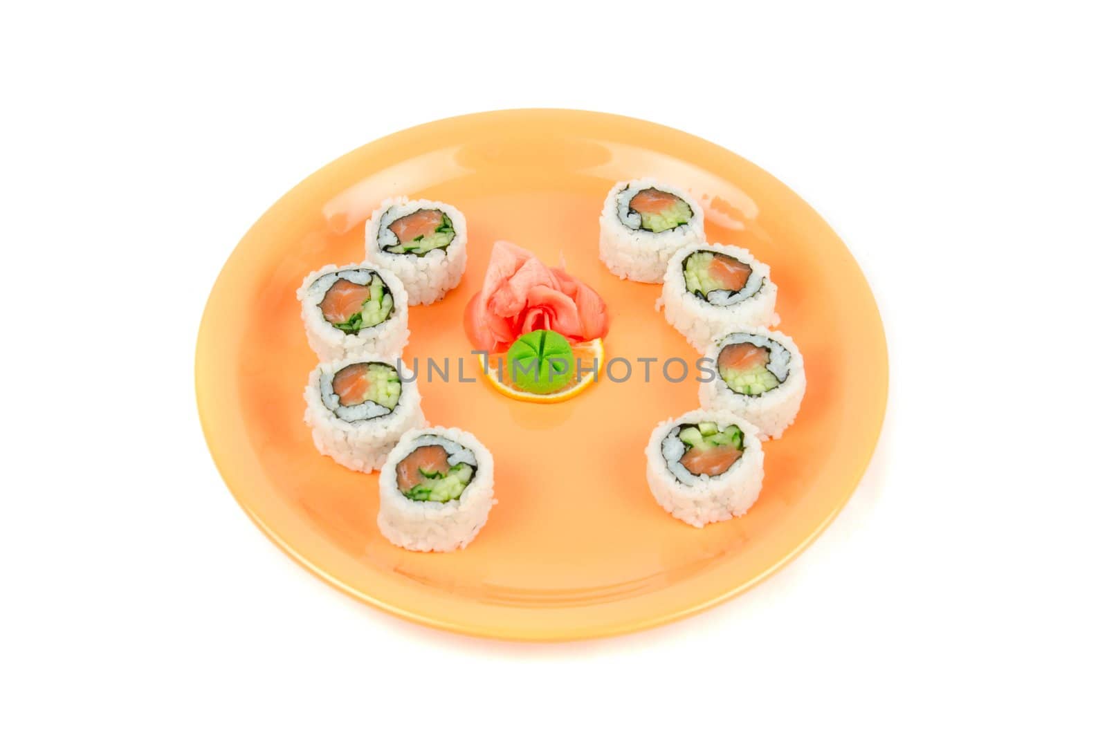 Closeup japanese sushi set at plate on a white