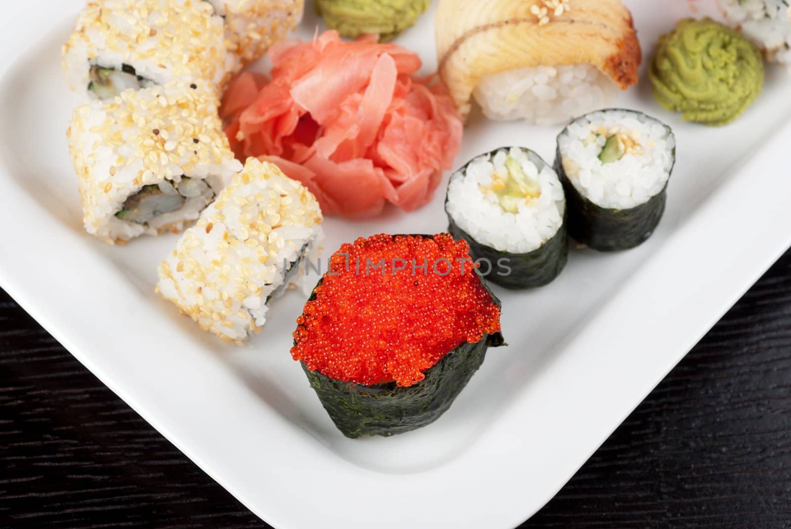 view of closeup japanese sushi set at plate