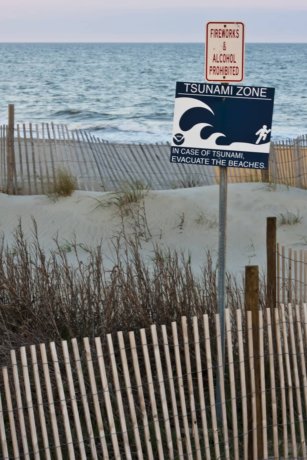 tsunami zone warning sign on the beach 